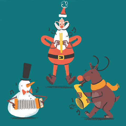 Vtipný vánoční obrázek GIF se Santou, sněhulákem a sobem.