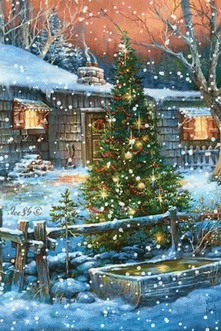 Animovaný vánoční obrázek se stromečkem.