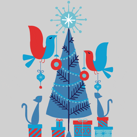 Animovaný vánoční obrázek se stromečkem, ptáčky a kočkami.