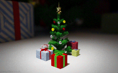GIF vánoční obrázek se stromečkem ukrytým v dárkové krabici.