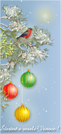 Vánoční GIF obrázek s ptáčkem a baňkami.