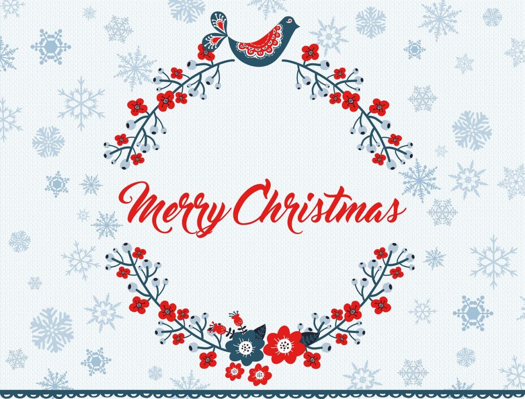 Ilustrovaná pohlednice s textem a vánočním obrázkem.