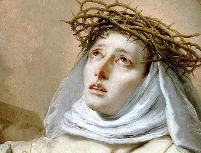 svatá Kateřina ze Sienny s trnovou korunu modlící se a vzhlížející k nebi