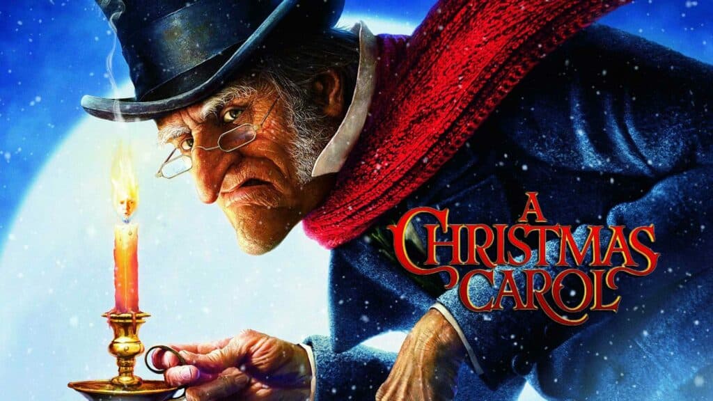 Ebenezer Scrooge starý lakomý muž s černým kloboukem červenou šálou, brýlemi a zapálenou svící