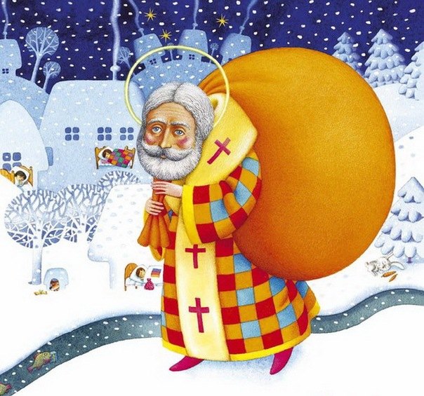Vyobrazení svatého Mikuláše s pytlem plným darů, jak jde zasněženou krajinou
