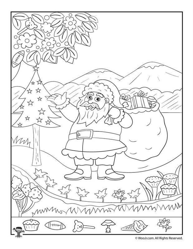 Černobílý obrázek Santy Clause s dárky, ve kterém jsou nakreslené ukryté předměty