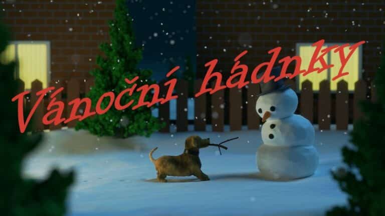 Sněhulák a pes s nápisem vánoční hádanky