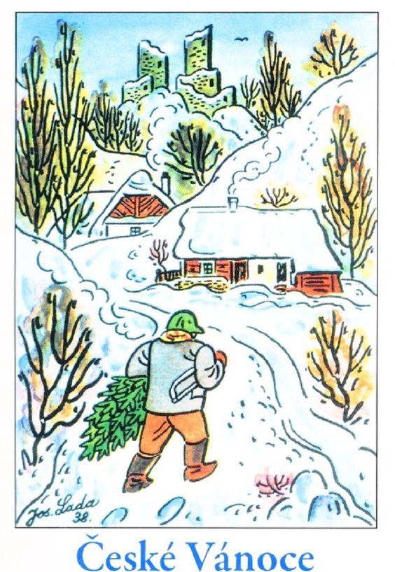 Vánoční pohlednice od Josefa Lady se zasněženou krajinou a mužem nesoucím stromek