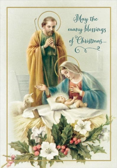 Náboženská vánoční pohlednice s přáním, s Josefem, Marií a Ježíškem