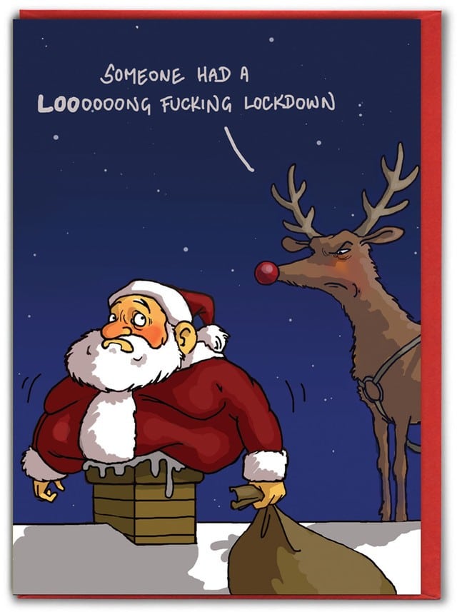 Vánoční vtipná pohlednice se Santa Clausem a jeho sobem