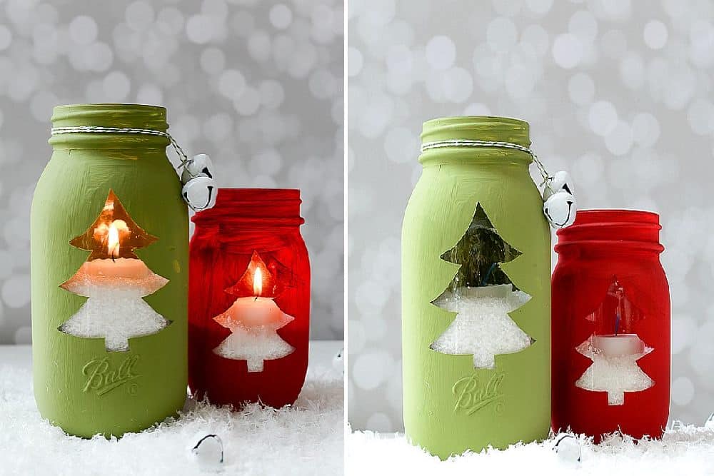 Vánoční svícínky vyrobené ze sklenic, natřené barvou s motivem sktromku