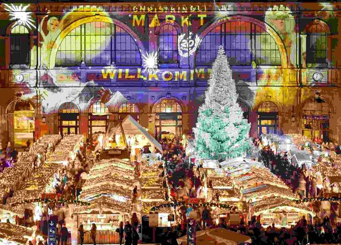 Vánoční trhy v prostorech nádraží v Curychu.