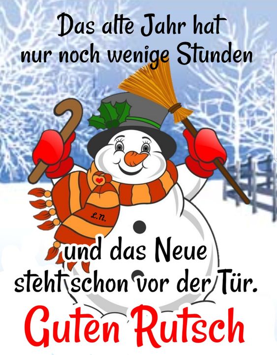 Buclatý kreslený sněhulák s novoročním textem v němčině
