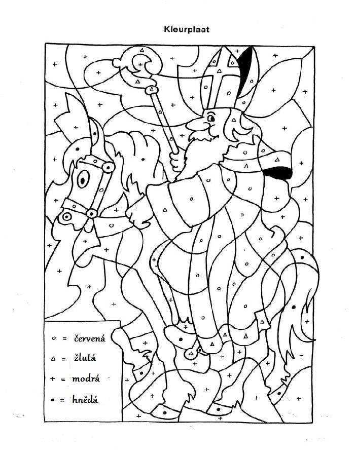 Vybarvování Mikuláše na koni podle znaků s barevnou legendou