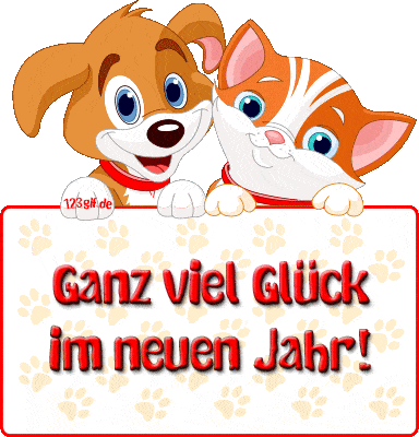 Kreslené dětské přání k vánocům s německým nápisem, nad kterým vykukují pes a kočka