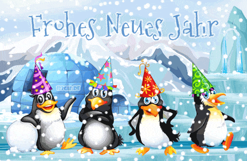 Čtyři tučňáci s čepičkami na oslavu stojící na ledě před iglu s padajícím shěhem a německým textem