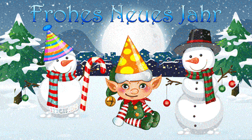 Sněžící gif obrázek s novoročním přáním v němčině, dvěma sněhuláky a elfem ve slavnostní čepičce