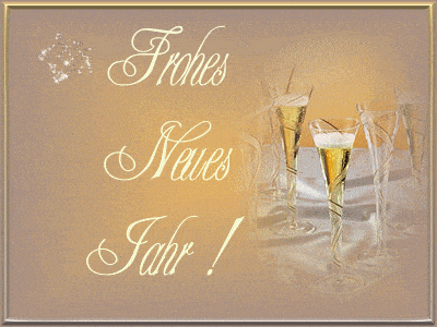 Elegantní novoroční přání s nápisem v němčině a skleničkami se šampaňským