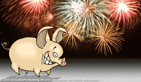 Kreslené, šíleně se usmívající prase v popředí, v pozadí ohňostroj a přes obrázek běží německý text novoročního přání