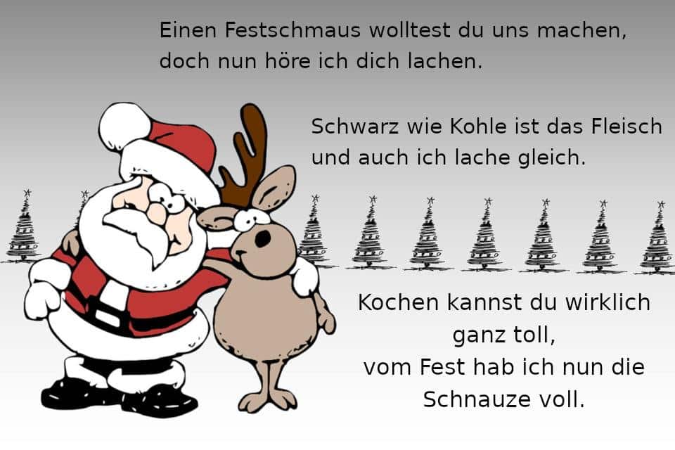 Německý text vánočního přání na obrázku se stomky v pozadí a Santou a sobem v popředí