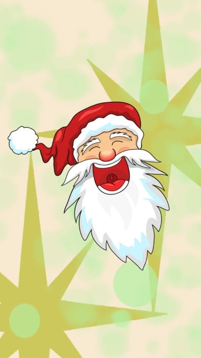 Rozesmátá kreslená hlava Santa Clause na zeleném pozadí s hvězdami
