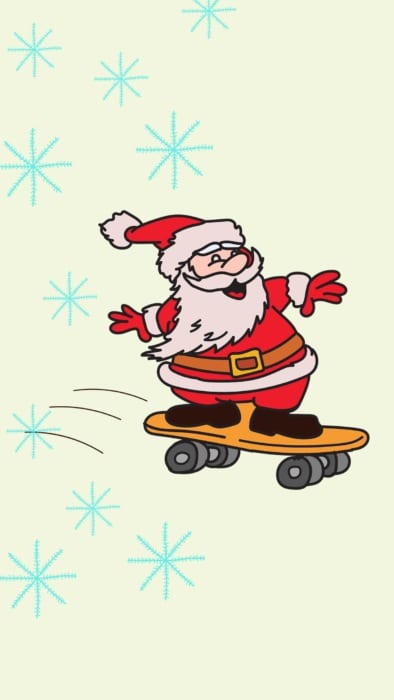Kreslený Santa Claus řítící se na skateboardu