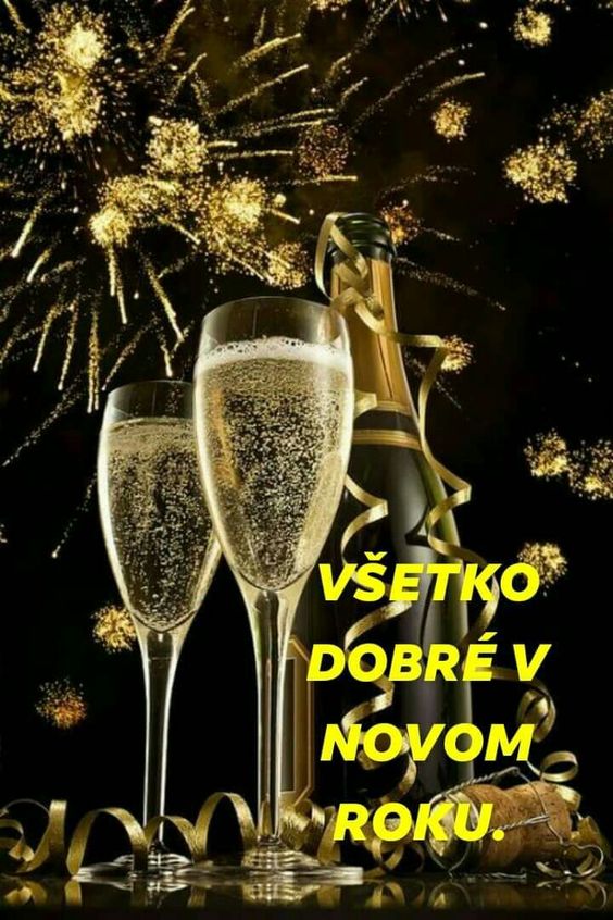 Dvě sklenky šampaňského s lahví a ohňostrojem s nápisem: Všetko dobré v novom roku.