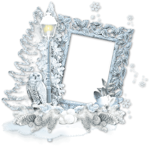 Zasněžený rámeček s pouličním osvětlením, sněžnou sovou a šiškami