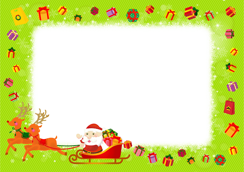 Vánoční rámeček ke stažení zdarma se Santou a soby, s dárky v zeleném rámu
