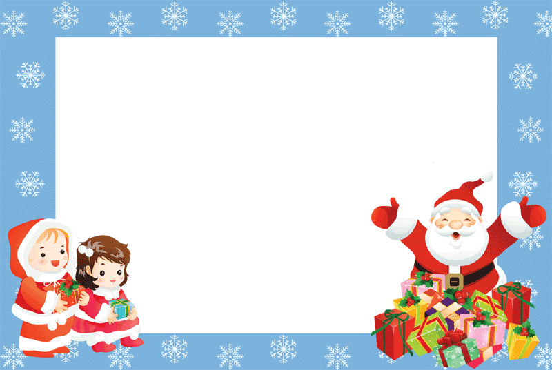Vánoční rámeček zdarma s modrým okrajem a bílými vločkami, Santou a dárky, dětmi a dárky