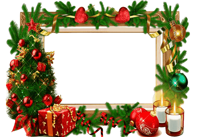 Vánoční rámeček se stromečkem, svícemi, ozdobami a dárkem