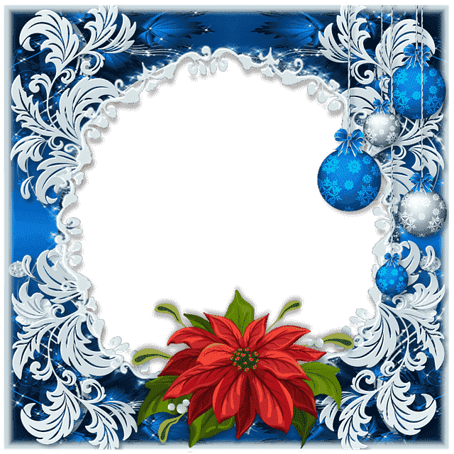 Vánoční rámeček modro stříbrný s červenou květinou