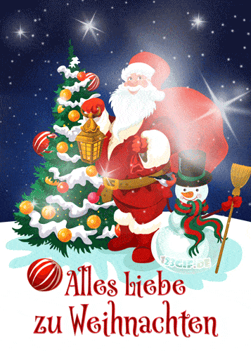 Santa Claus u vánočního stromečku a sněhuláka se zářícími hvězdami s německým přáním k Vánocům
