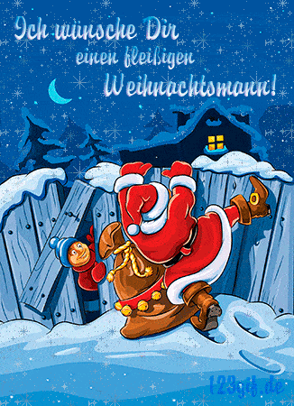 Santa Claus s pytlem jak se snaží přelézt zasněžený dřevěný plot, doplněné německým textem k Vánocům a padajícím sněhem