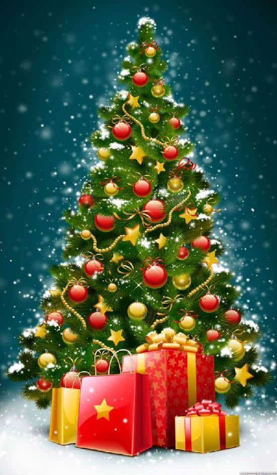 Barevný vánoční stromeček s ozdobami a dárky