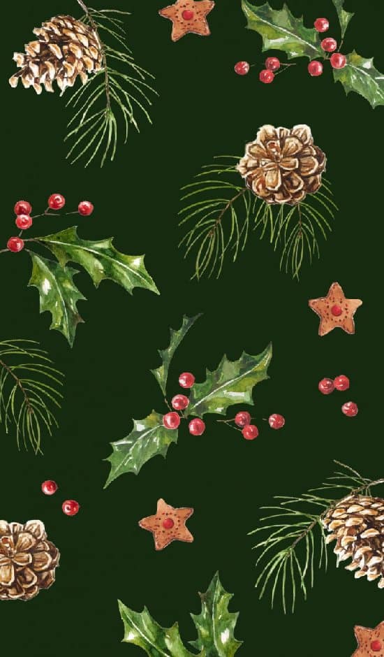 Tmavě zelené vánoční pozadí na mobil s cesmínami, perníky a borovými šiškami a větvemi
