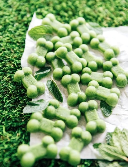 Zelené psí cukroví ve tvaru kostiček se špenátem a mátou