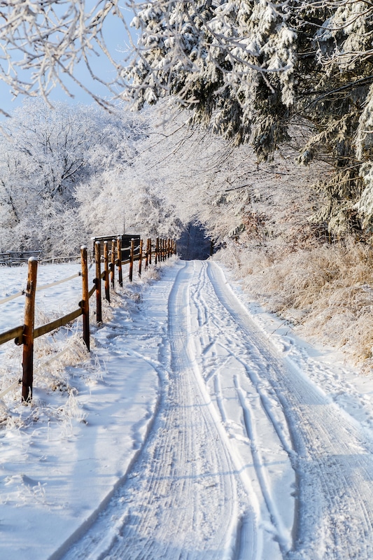 Zimní výjev na koleje vyjeté ve sněhu na cestě, vedoucí kolem plotu.