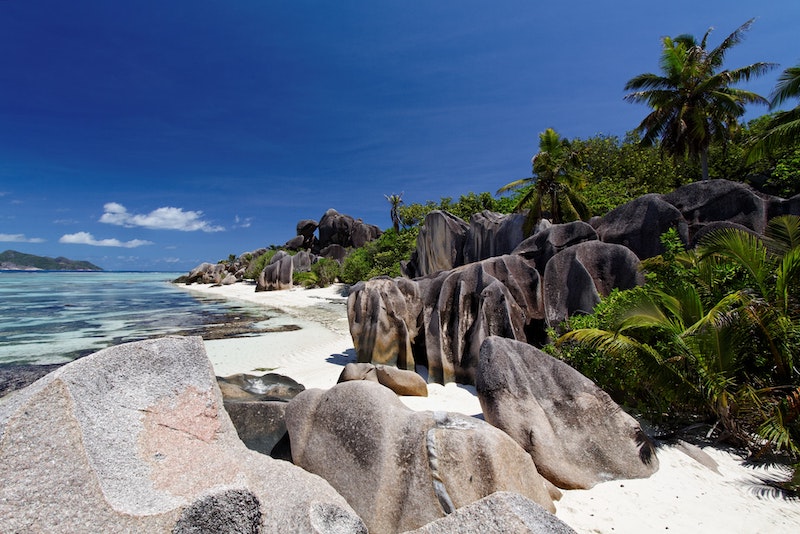 Pláže na Seychelách s bílým pískem a typickými skalisky, lemováno přírodou s palmami.