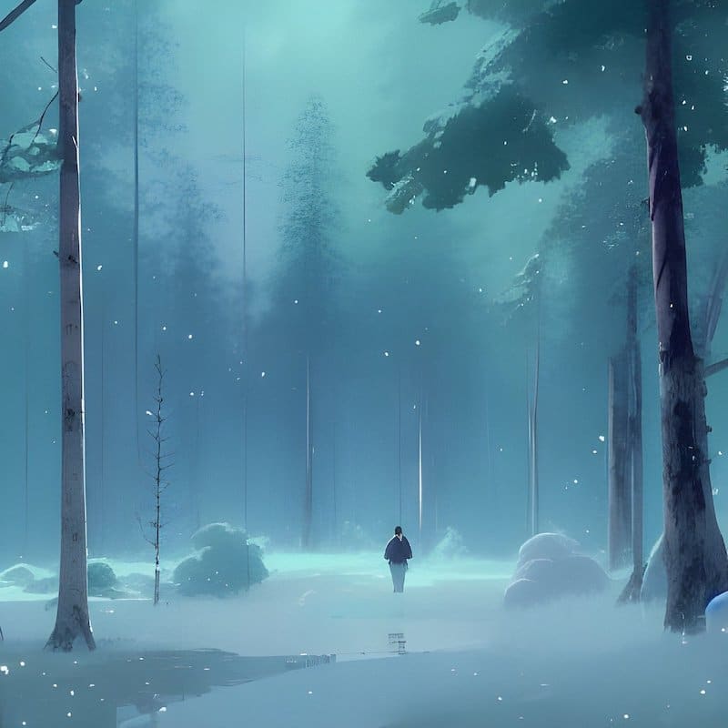 Kreslený obrázek postavy stojící v zasněženém lese, přítmí, krásná atmosféra.