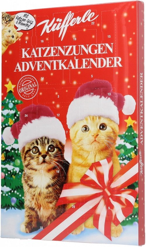Lindt kalendář k adventu s mašlí a kočičkami s vánočními čepičkami.