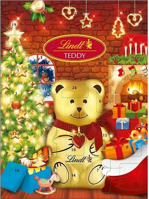 Kalendář od Lindt se zlatým medvědem, dárečky a zářícím vánočním stromečkem.