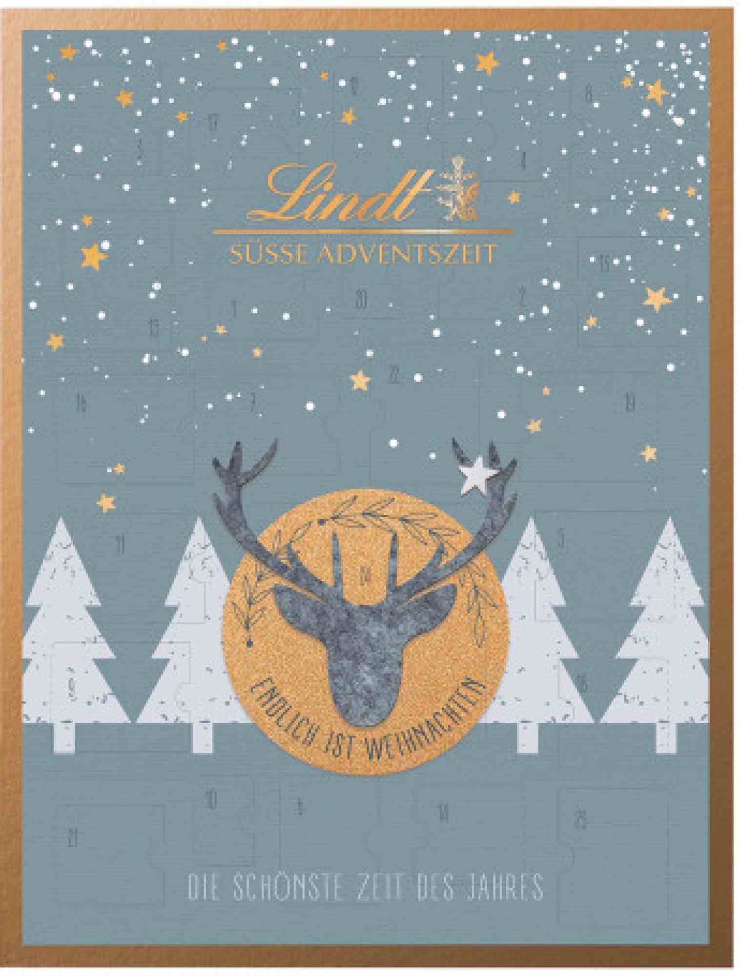 Modrý Lindt kalendář s obrázkem siluety hlavy jelena.