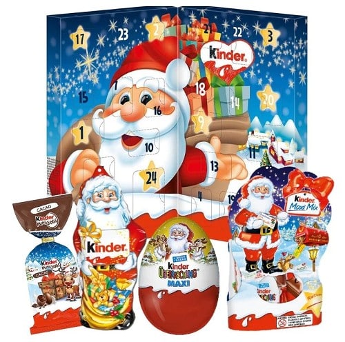 Adventní kalendář s motivem Santa Clause a s ukázkou produktů značky Kinder.