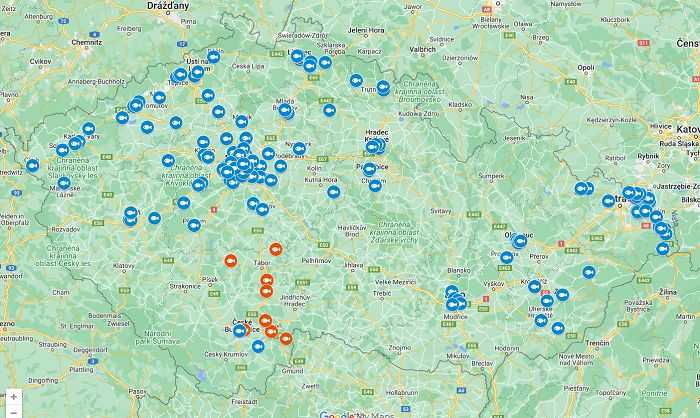 mapa prodejních míst třeboňského kapra v České republice