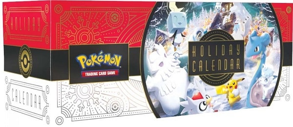 Červený Pokémon adventní kalendář s kartami z roku 2022.