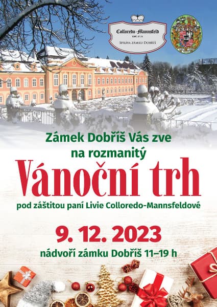 Plakát na vánoční trhy na zámku Dobříš.