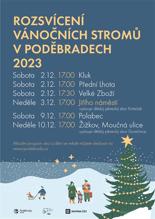 Plakát na rozsvícení vánočních stromů v Poděbradech.