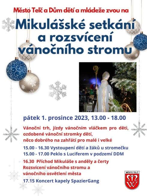 Plakát na Mikulášské setkání a rozsvícení vánočního stromu v Telči.