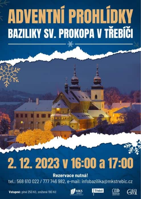 Plakát na adventní prohlídky baziliky v Třebíči.